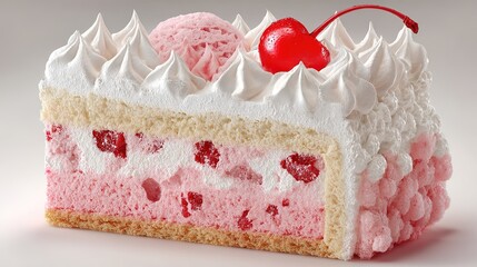Ultra-Realistic Photograph of a Cake Slice with Pink and White Layers, Topped by Whipped Cream Forming 3D Shapes, Center Filled with Pink Cherry Mochi Cake, Creamy Ice-Cream-Like Texture on Sides, Sin