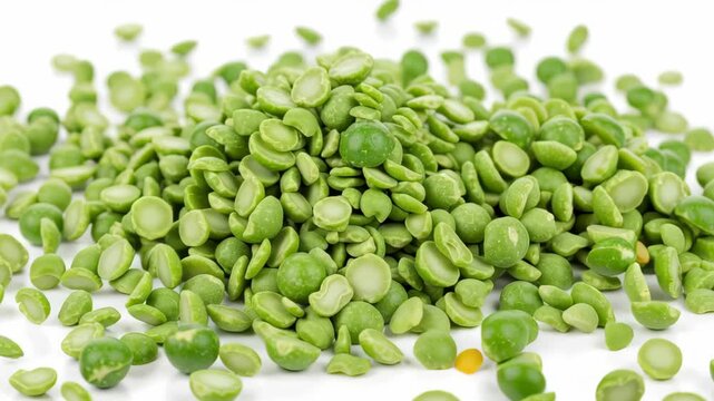 Pile of Bright Green Split Peas on a White Background Food Ingredient
