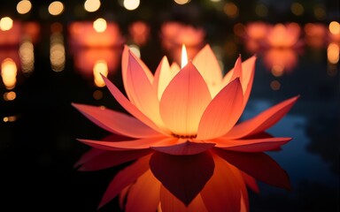 Paper lotus flower with candle floating on a river at night in Loy krathong festival, traditional Siamese new year festival celebrated in Thailand. High quality