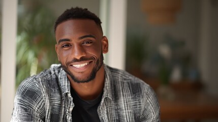 Fototapeta premium smiling cheerful young adult african american ethnicity man looking at camera standing at home office background happy confident black guy posing for headshot face front close up portrait no logos no