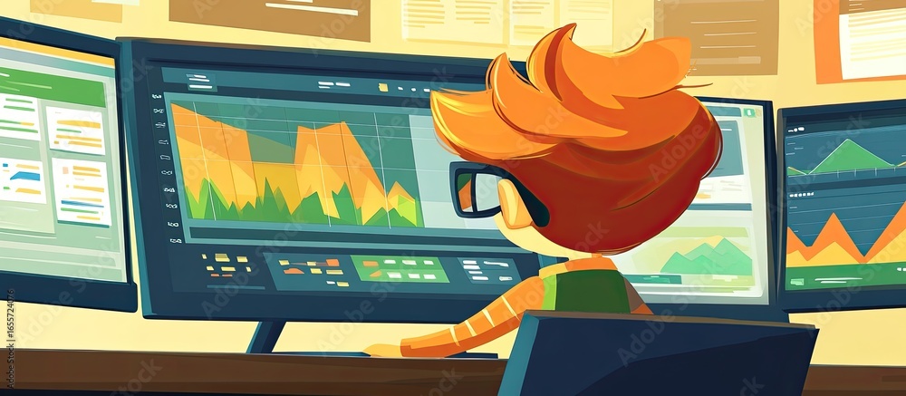 Poster focused trader analyzing market data on multiple screens in vibrant flat illustration style