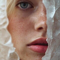 Fototapeta premium Close up beauty portrait featuring a young caucasian woman with striking blue eyes. Freckles. And delicate pink lips. Partially obscured by torn white paper. Creating a sense of mystery and intrigue