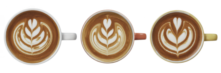 Three oval coffee cups with latte art isolated on transparent background