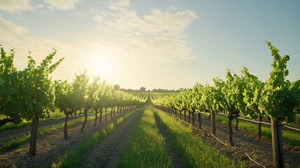 Naklejka premium Idyllic Vineyard Vista: Rows of Vines Under a Golden Sunset Landscape