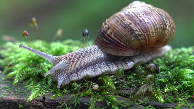 Closeup of a snail crawling on lush green moss with detailed shell and soft body movement in natural outdoor setting
