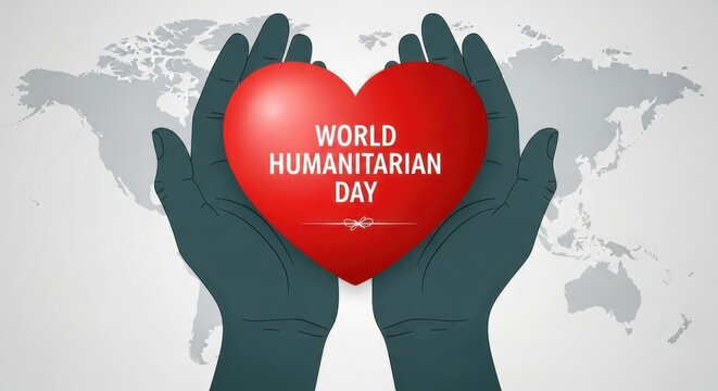 World humanitarian day celebrated with a red heart held in cupped hands against a world map background