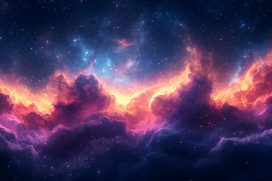 Ethereal cosmic clouds ablaze with fiery orange and deep violet