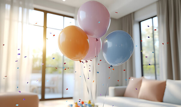 Celebration with Pastel Balloons and Confetti in a Bright Modern