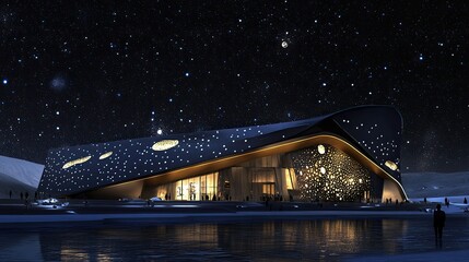 Fototapeta premium Futuristic Astronomical Observatory Building Under a Starry Night Sky with Reflecting Water