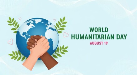 World humanitarian day graphic with shaking hands and a globe, promoting global aid and support