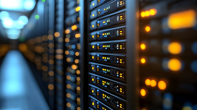 Close-up View of Illuminated Server Rack in a Data Center