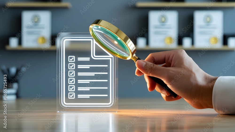 Poster document review process and quality control concept. hand holding magnifying glass over a document i