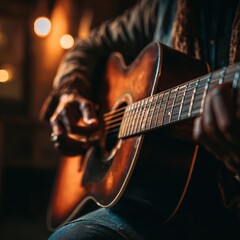 Fototapeta premium Emotional Close-Up Shot of Hands Playing Guitar with Passion