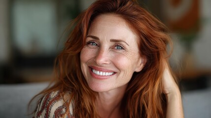 portrait of smiling mature woman looking at camera with big grin successful middle aged woman at home smiling beautiful mid adult lady with long red hair enjoying whitening teeth treatment no logos n