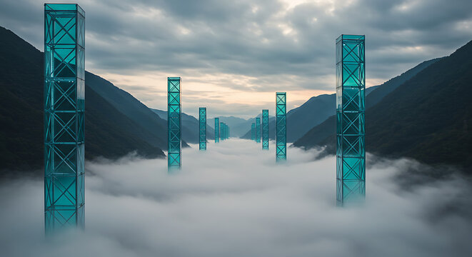 Ethereal Valley: Mystical Pillars & Foggy Landscape