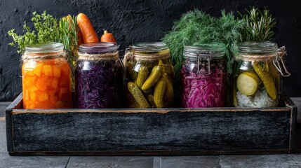 preserves vegetables in glass jars in an old box on the black chalkboard no logos no brands ar 169
