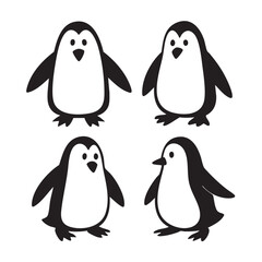 Vector art of four adorable penguin cartoons, each with a unique pose and expression, creating a charming and playful composition