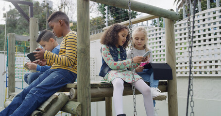 Playground, happy and children with tech in park for bonding, playing and online games. Weekend,...