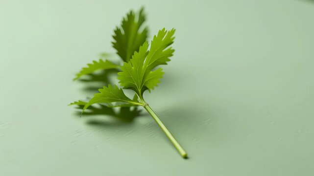 Sprig of Fresh Cilantro Close Up on a Serene Green Background Highlighting the Herb's Vibrant Green Leaves and Delicate Texture