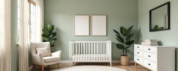 Modern baby room with minimalist decor features white crib, comfortable armchair, soft neutral curtains. Two blank picture frames on sage green wall, with large potted plants. Stylish, safe, peaceful