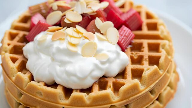 Stack Of Golden Waffles Topped With Whipped Cream Rhubarb And Sliced Almonds On A White Plate Offering A Tasty And Visually Appealing