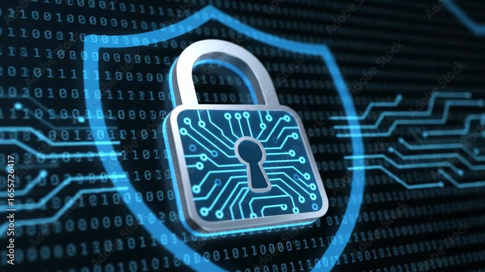 Poster digital security lock and shield on tech interface - a 3d video of a digital security lock icon with