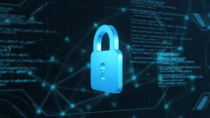 Digital Security Lock Interface - A 3D video of a blue digital padlock icon is displayed prominently on a high-tech interface filled with lines of code, symbolizing cybersecurity and data protection. - Powered by Adobe