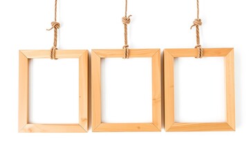 Three empty wooden frames hanging on rope against white wall, blank photo display template for gallery, collage, interior decor, family memories, rustic style, modern minimalist design.