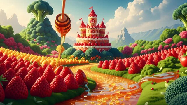 Strawberry Castle with Broccoli Trees in Pixel Art with Honey River and Strawberry Field on a Bright Day