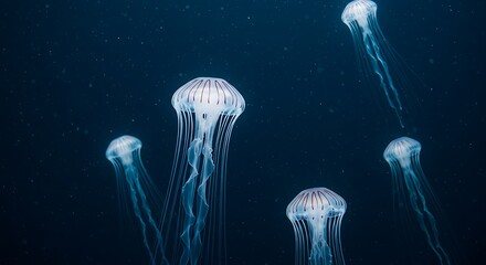 Graceful translucent jellyfish with orange-red stripes floating in the deep blue, bubble-filled ocean.

