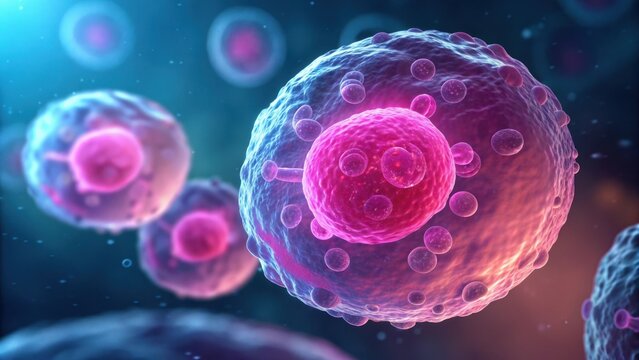Microscopic view of glowing pink cells with detailed internal structures in a blue background