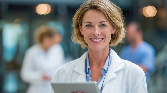 portrait of beautiful mature woman doctor holding digital tablet and looking at camera confident female doctor using digital tablet with colleague talking in background at hospital latin nurse no log
