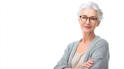smiling beautiful mature business woman standing isolated on white background older senior businesswoman 60s grey haired lady professional female ceo coach looking at camera banner copy space no logo