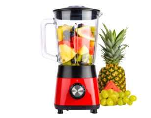  Modern kitchen blender appliance with red base and clear glass container isolated on white background PNG
