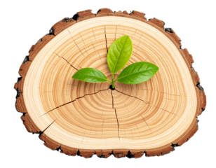  Miniature Green Plant Growing on Wooden Tree Cross-Section, Isolated Natural Symbol Illustration.