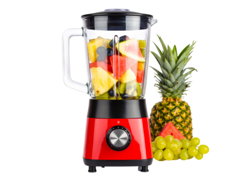  Modern kitchen blender appliance with red base and clear glass container isolated on white background PNG