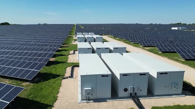 Solar Farm with Battery Storage - Aerial view of a large solar farm featuring numerous rows of solar panels and a adjacent battery storage system composed of multiple white containers.