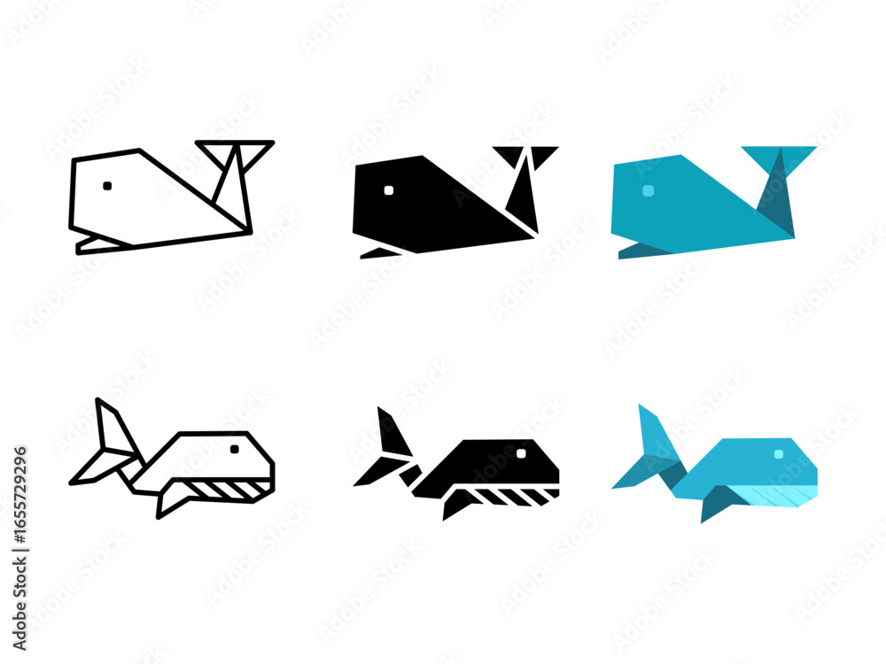 Poster whale icon set. this collection showcases a minimalist geometric whale design presented in both line