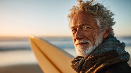happy senior surfer holding surf board on the beach at sunset  focus on face no logos no brands ar 169