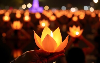 People holding Krathong, Loy Krathong is new year festival celebrated annually in Thailand. High quality
