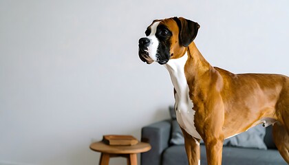 A boxer dog stands in a room.