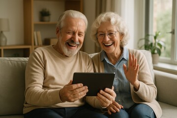 Elderly couple smiling and waving while using tablet at home