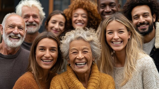 group of multigenerational people smiling in front of camera multiracial friends of different ages having fun together main focus on caucasian senior faces no logos no brands ar 169 - Powered by Adobe