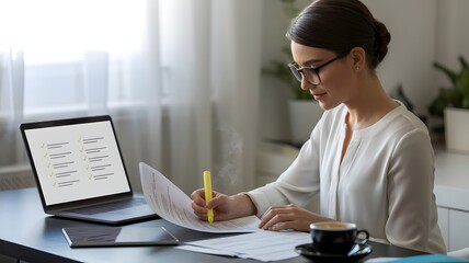  Document Review and Quality Control Process Concept. Person using laptop with document and checkmark icons representing review, validation, approval, verification, auditing, compliance, and workflow.