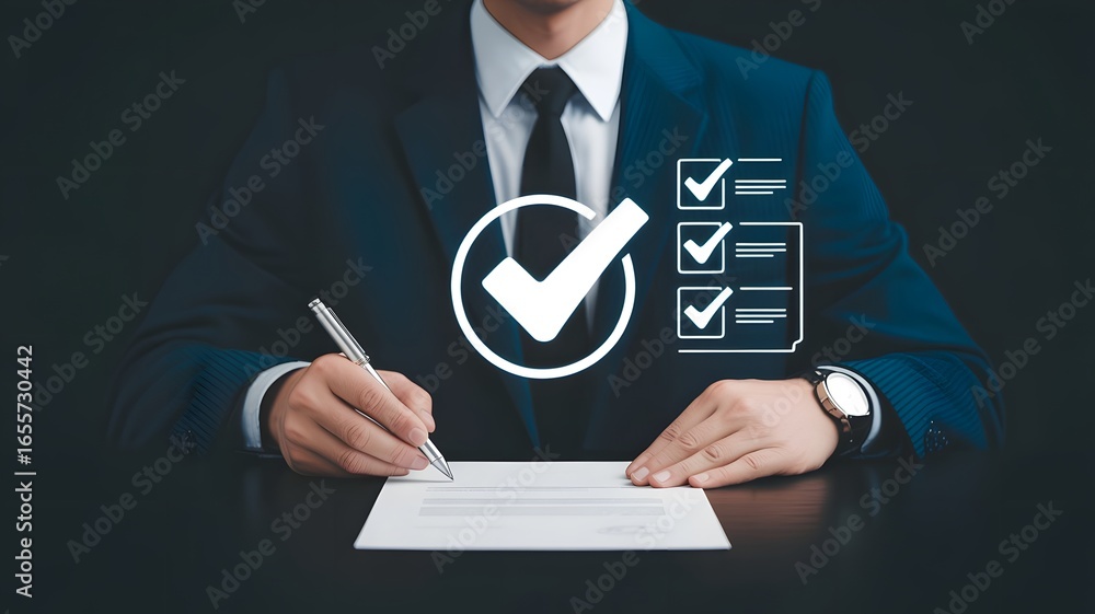 Poster document review and quality control process concept. person using laptop with document and checkmark