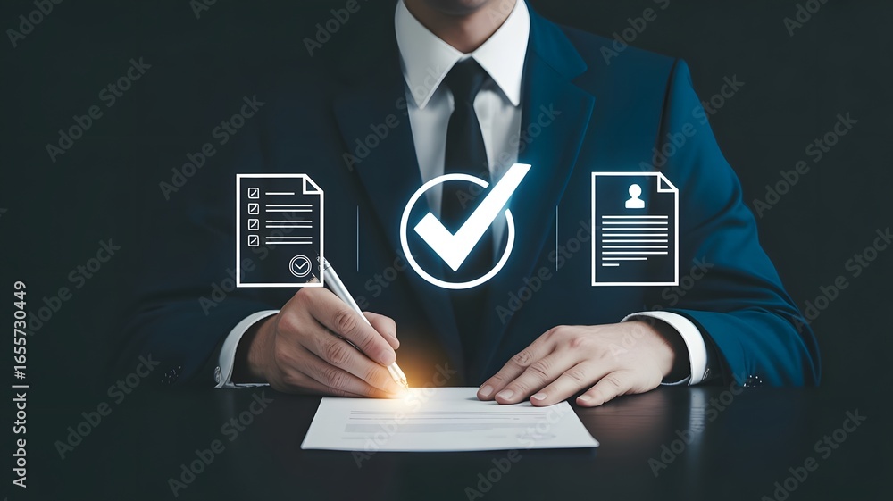 Aufkleber document review and quality control process concept. person using laptop with document and checkmark