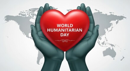 Hands holding a red heart with world humanitarian day text against a world map background