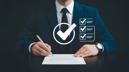  Document Review and Quality Control Process Concept. Person using laptop with document and checkmark icons representing review, validation, approval, verification, auditing, compliance, and workflow.