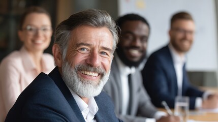 male mature caucasian ceo businessman leader with diverse coworkers team executive managers group at meeting multicultural professional businesspeople working together on research plan in boardroom n