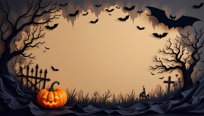 A Halloween themed backdrop, which is commonly used as a photo booth background for parties. It features silhouettes of graveyard elements such as tombstones, skeletons, and bats
